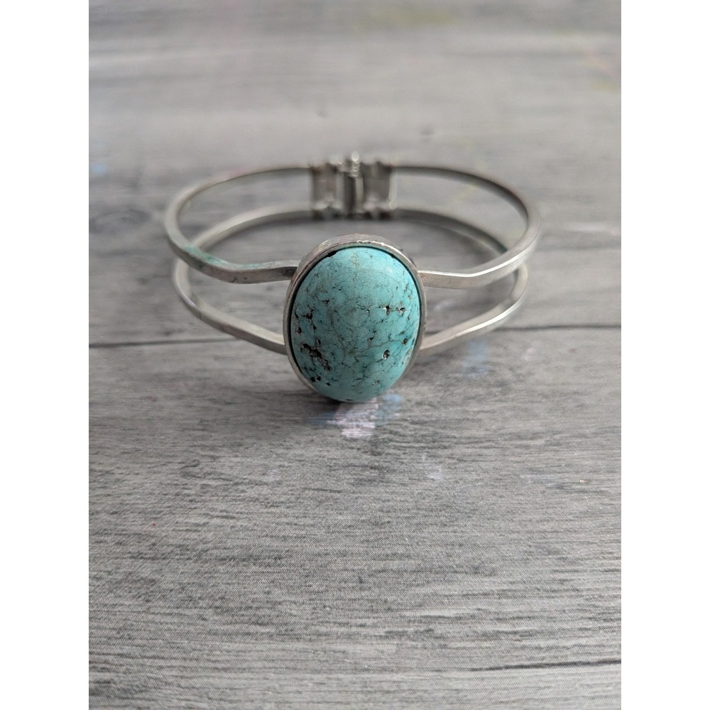 Vintage Silver Tone Faux Turquoise Oval Stone Hinged Cuff Bracelet Boho Modern